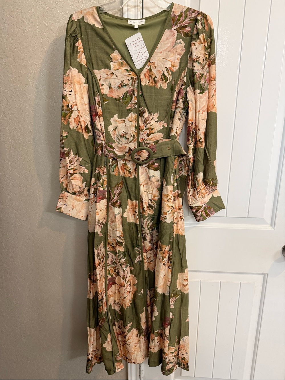 July and June Olive Floral Midi Dress with Self-Tie Belt